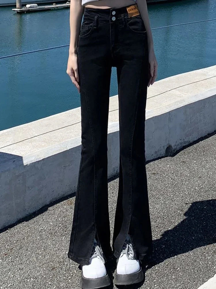 Women Black High Waist Jeans Fashion High Street Side Slit Bell Bottom Flare Pants Girls Gothic 90s Vintage Y2k Denim Trousers 240807