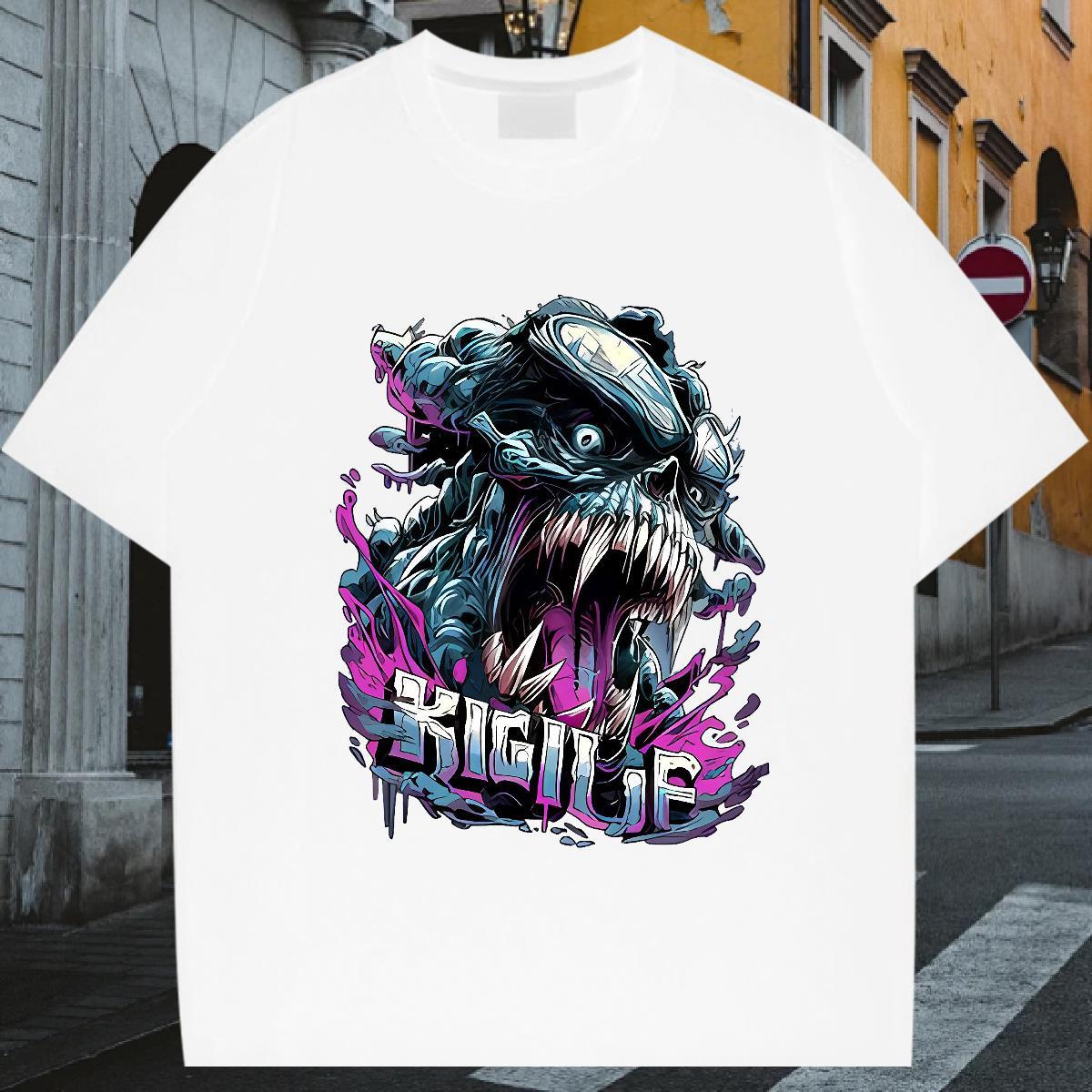 2024 DIY T-Shirts for Men skull Clothes 230g Cotton Summer Casual Loose DIY Logo Oversized Short Sleeve O-Neck Men Tees