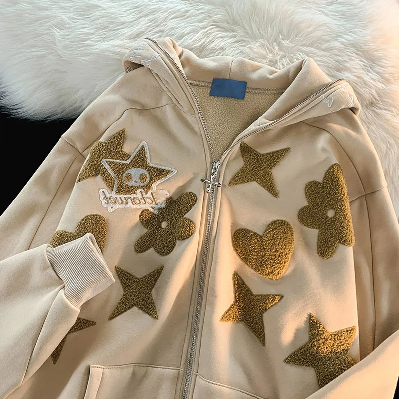 Y2k Zipper Hoodie Womens Harajuku Kawaii Embroidery Hooded Sweatshirt Fashion Casual Oversized Jacket Coat Cute Clothes 240806