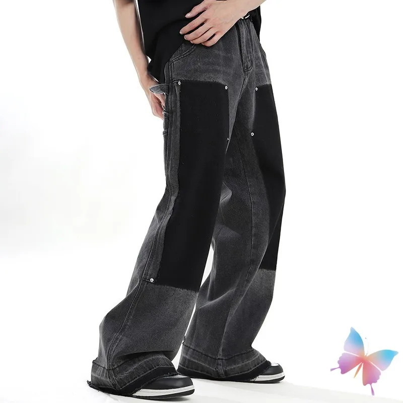 Hiphop Street 2XL Men Women Jeans Spliced Black Gray Wide Leg Straight Pants Tassel Cool Boy Cleanfit Washed Trousers 240806