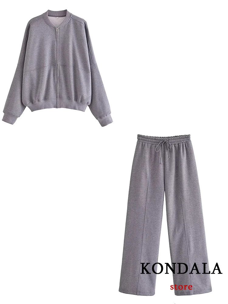 KONDALA Casual Gray Sports Women Suits Long Sleeve Zipper JacketsElastic Waist Wide Leg Pants Fashion Autumn Winter Suits 240807