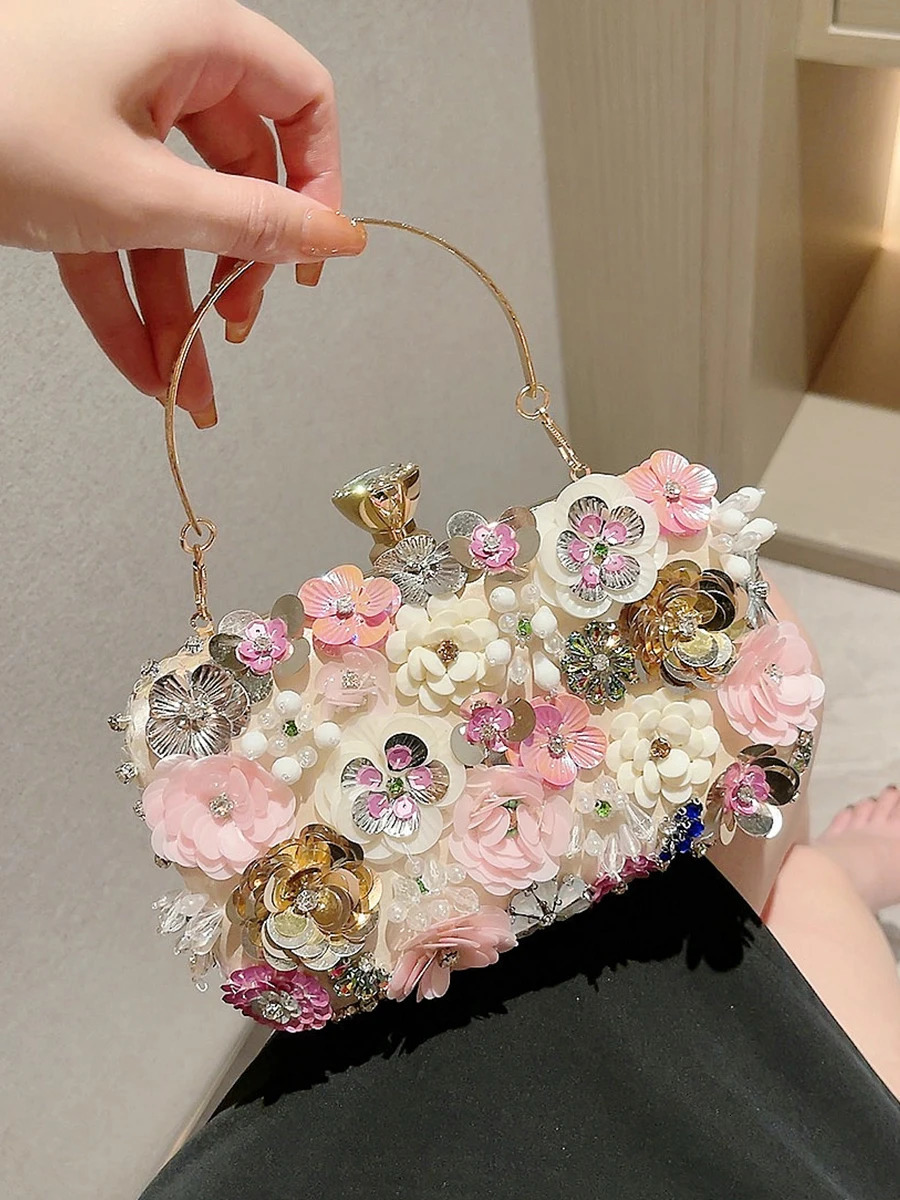 3D bead flower evening bag elegant box clutch wallet party dance womens wedding handbag 240806Z