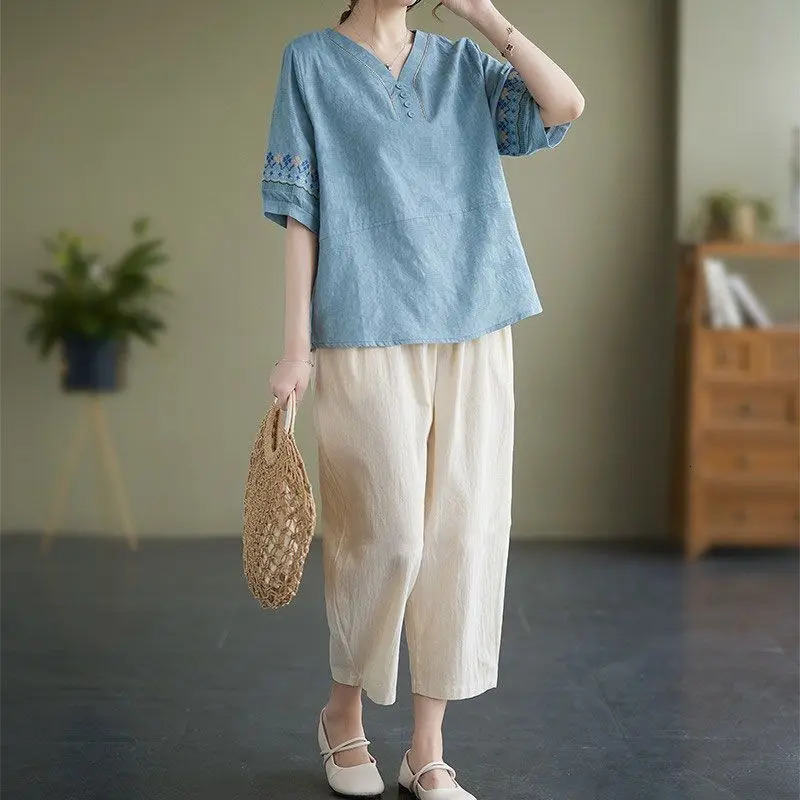 Women Summer Vintage Fashion Loose Solid Color Cotton and Linen V-neck Short Sleeve T-Shirt Ladies All-match Pants Tops Suit 240807