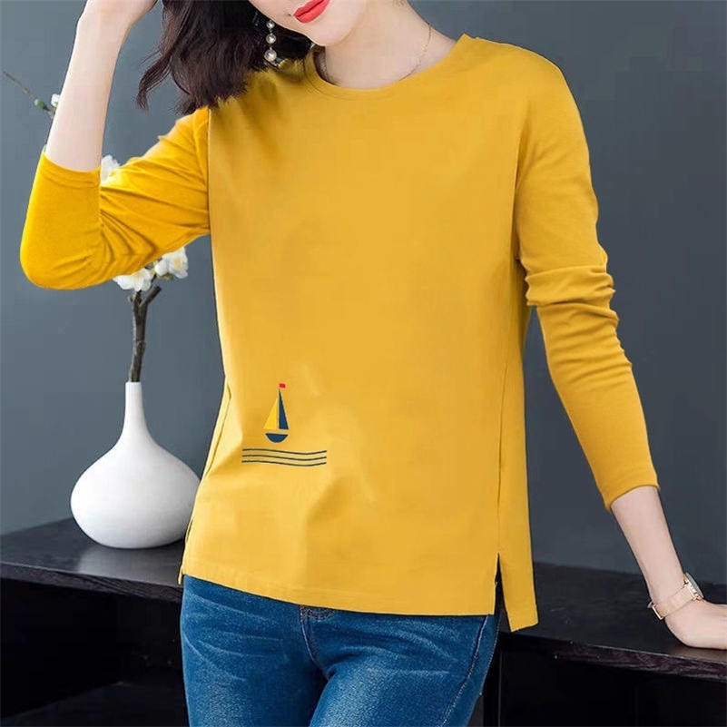 100 Cotton Spring Floral Print Pure Cotton Women T-shirt Full Split Base Shirt Round Neck Long Sleeve Slim Top 240806