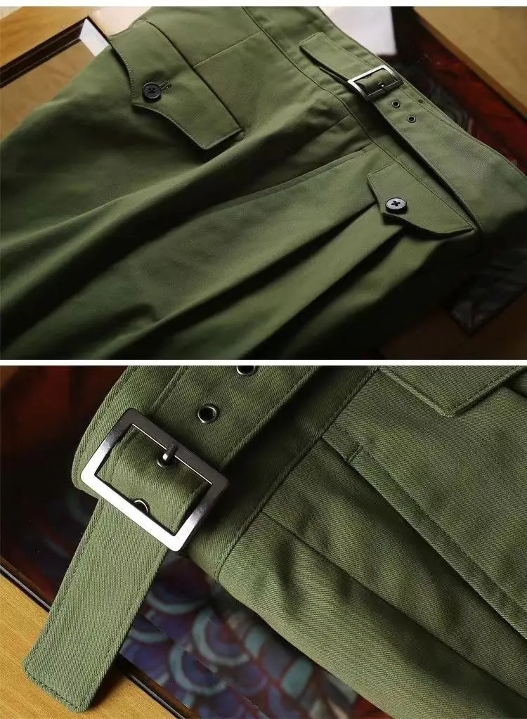 Vintage Green Gurkha Pants For Men Adjustable Waist Buckle Cotton Naples Trousers Fashion Casual Loose AnkleLength Cargo 240806