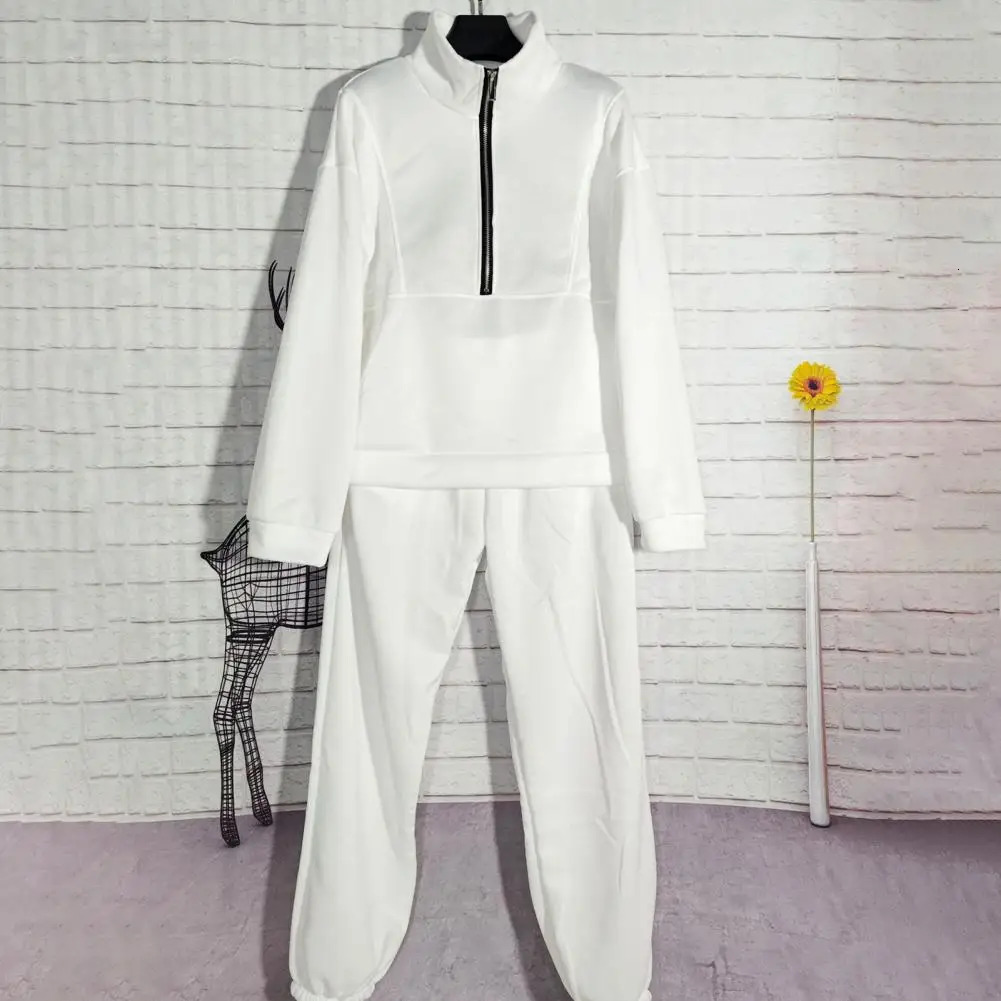 Solid Color Sports Suit Cozy Fall Winter Sweatshirt Pants Set Stylish Stand Collar Loose Fit Elastic Waist Trousers for Comfort 240807
