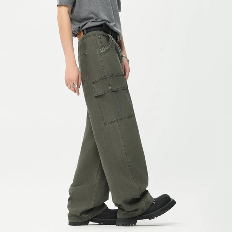 IEFB American Style Mens Overalls Washed Rough Edge Design Vintage Trendy Male Cargo Pants Straight Multipocket 9C6623 240806