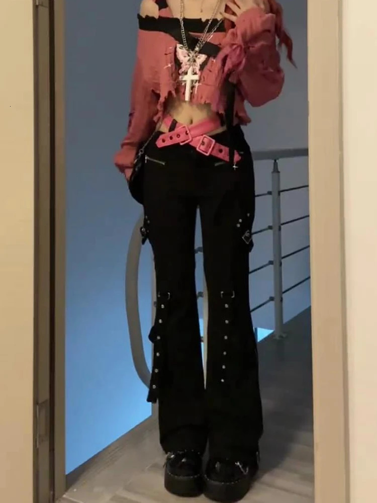 Woman Slim Trousers Stretch Jeans Denim Pants Low Waist Bell Bottoms Solid Color Low Waist Floor-Length Gyaru Bandage Y2k 240807