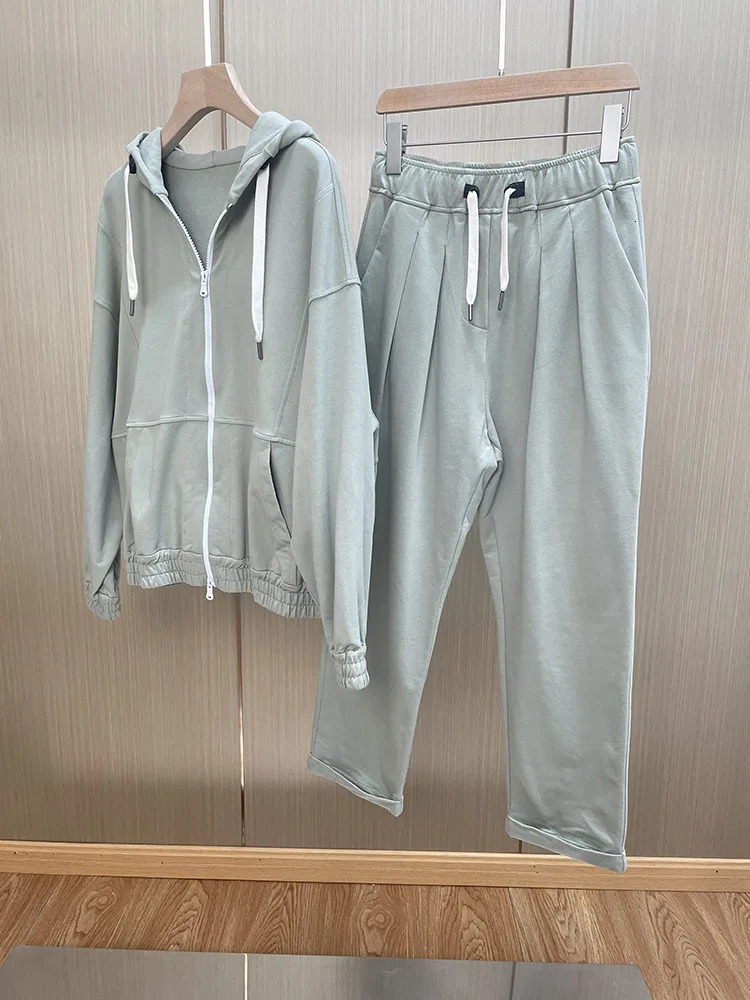 Womens Cotton Sports Set Zipper Hoodies Long Sleeve Hooded Sweatshirt or Elastic Waist Beading Sweatpants Suit Autumn 240807