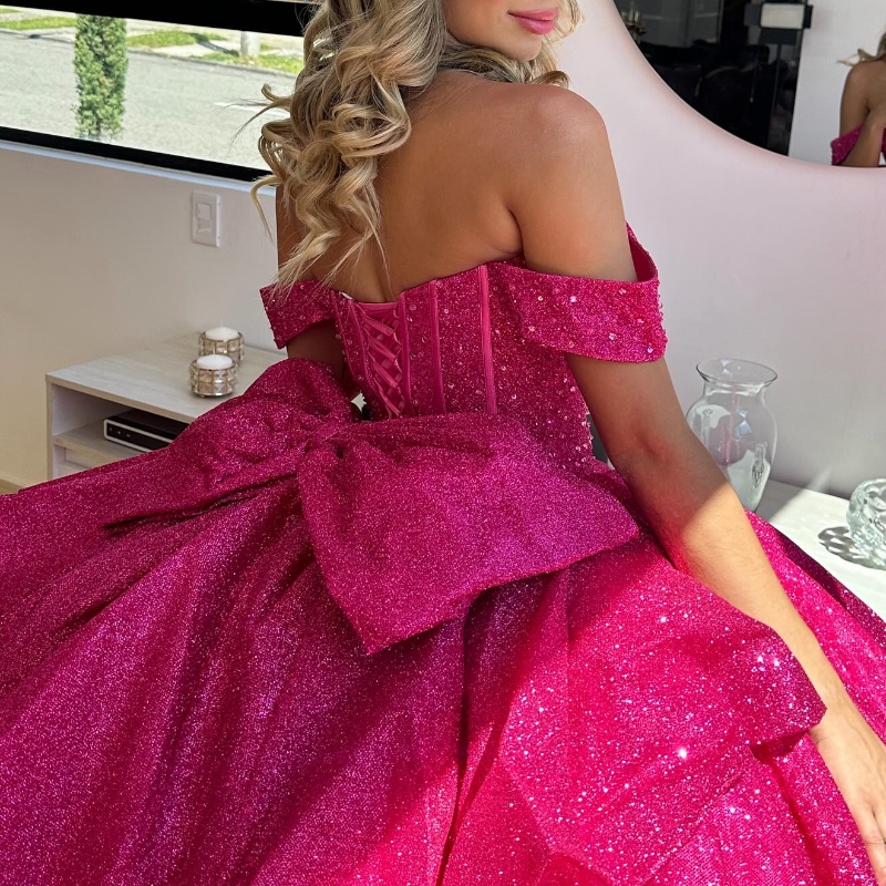 Rose Red Sparkly Princess Quinceanera Dresses Off Shoulder Gillter Beads Crystal Sequins Prom Sweet 16 vestidos 15 de cerimonia