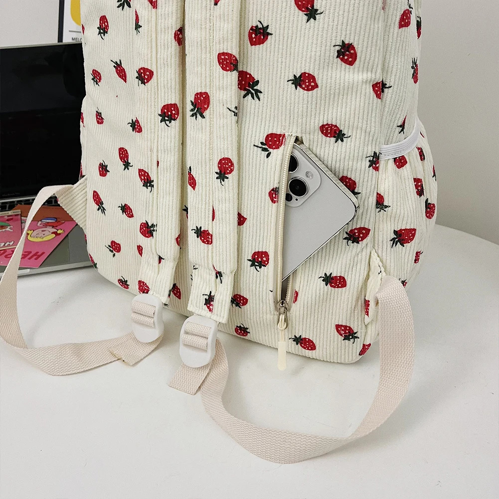 Corduroy Strawberry Backpack Fashion Notebook Large Capacity Leisure Travel Adjustable Shoulder Straps 240807