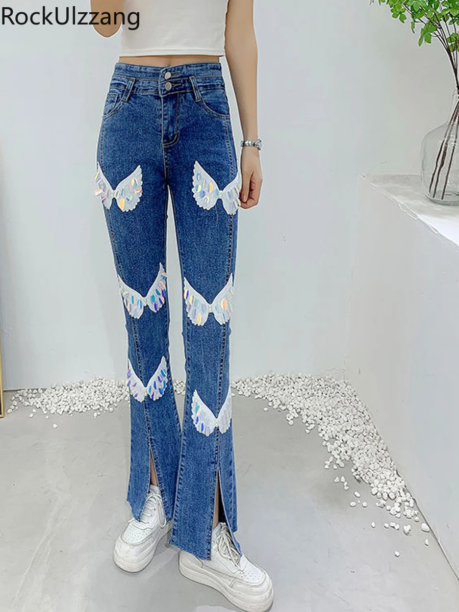Embroidery Sequin Wing Skinny Tight Stretch High Waist Slim Flare Denim Pant Bootcut Bell Bottom Jeans Women mom y2k oversized 240807