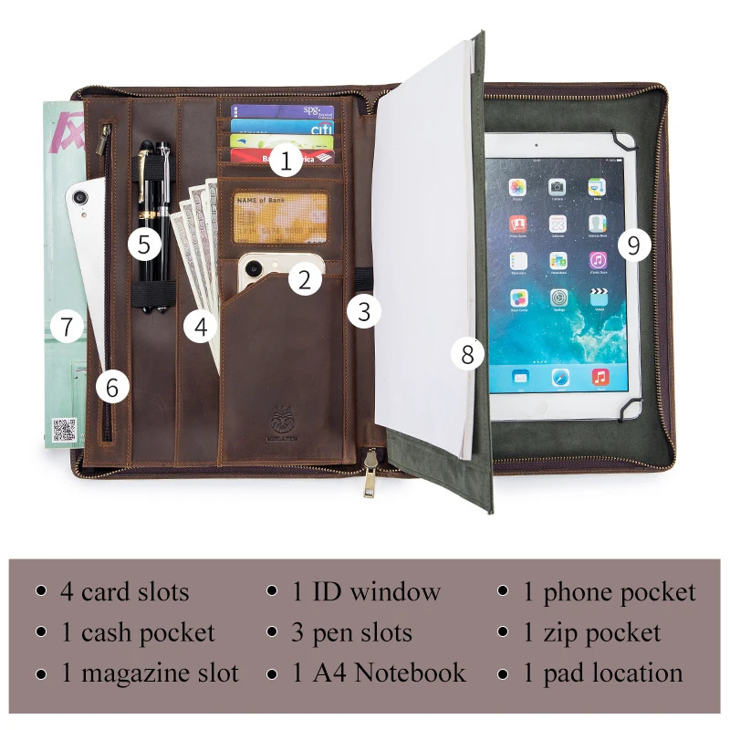 Multifunction A4 Crazy Horse Leather Padfolio Portfolio Men File Folder Phone Document Holder Organizer Executive Briefc 240806