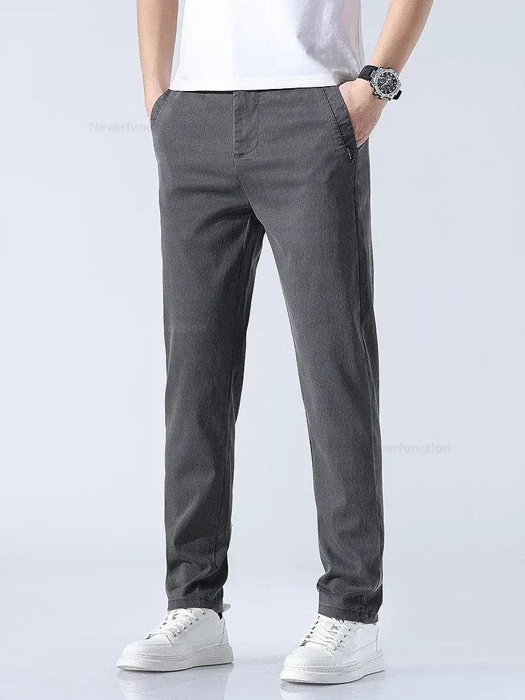Summer Ultrathin Lyocell Casual Pants for Men Classic Style Elastic Straight Slim Fit Fashionable Soft Long Male 240806