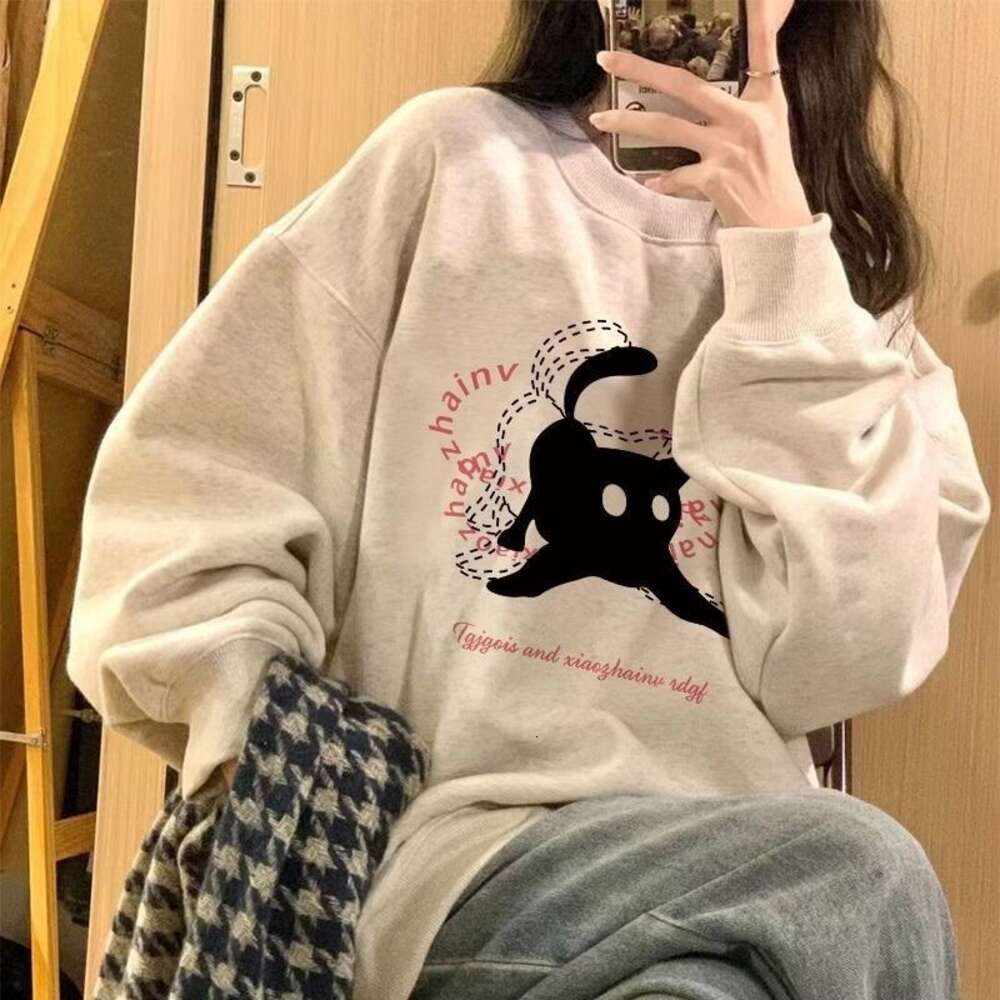 Sweet girl round neck casual plush hoodie women's autumn and winter Korean version loose long sleeved thin top for students to wear externally