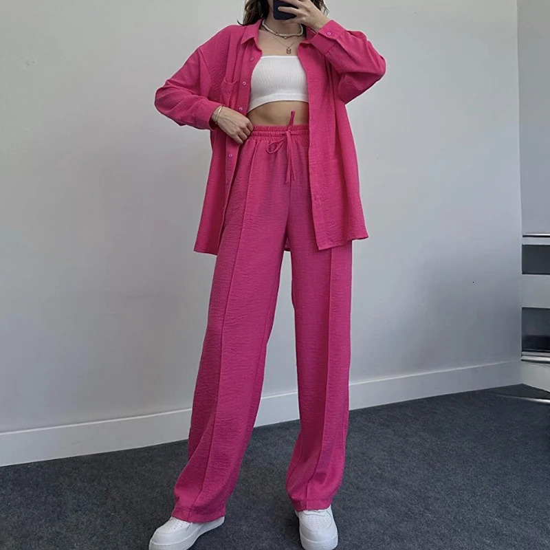 Fashion High Street Lace Up Outfits Spring Autumn Multi Color Women Two Piece Set Casual Collar Button Shirt Pants Sports Suit 240807