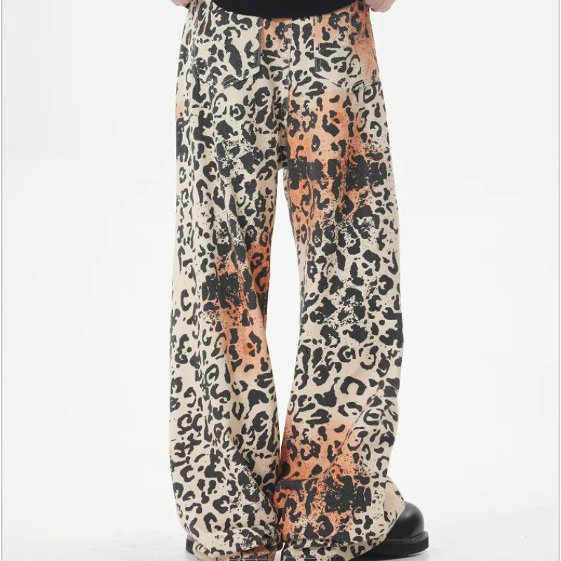 High Street Retro Jeans Mens Washed Old Leopard Print Full Cowboy Trousers Hip Hop Straight Wide Leg Denim Overalls Summer 240806