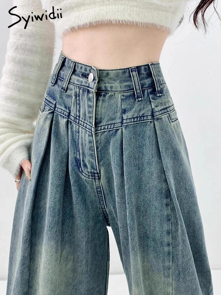 Syiwidii Jeans for Women Vintage Pleated Chic Casual Denim Pants Fashion Streetwear Loose Straight High Waist Jeans 240807