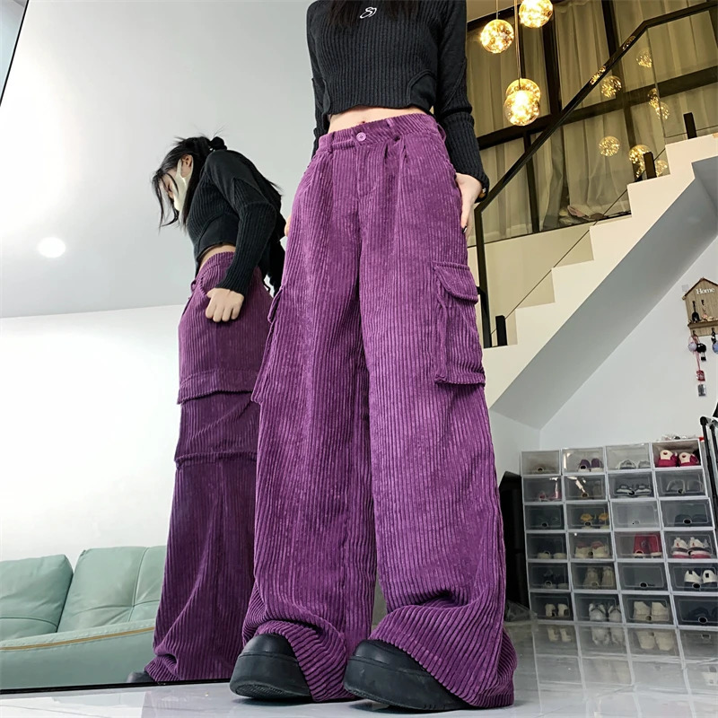 Womens Corduroy Pants Baggy Y2k 90s Streetwear Oversize Wide Leg Oversize Pants Vintage Harajuku High Waist Trousers Clothes 240807