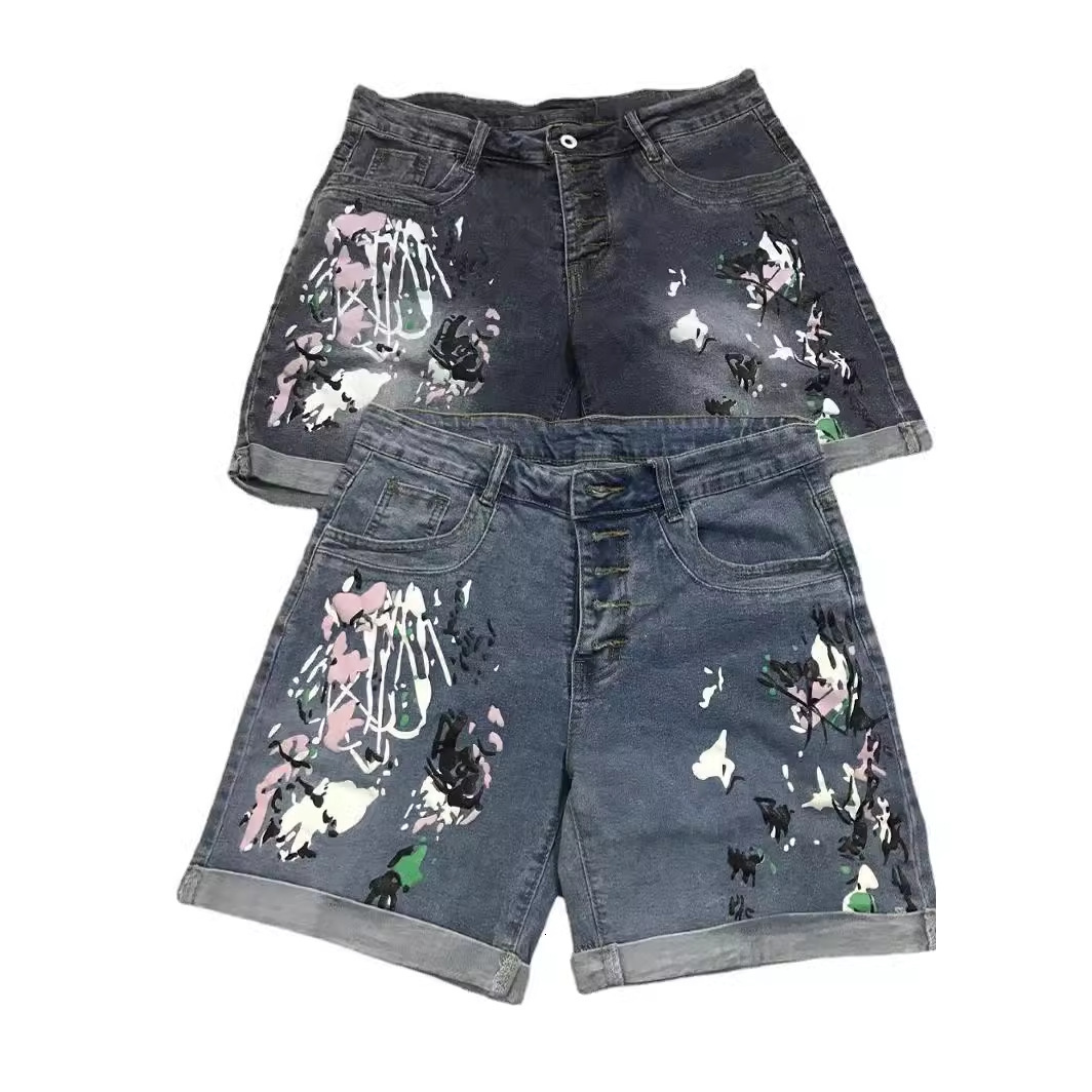 Summer new shorts, washed printed denim jeans, women's clothing