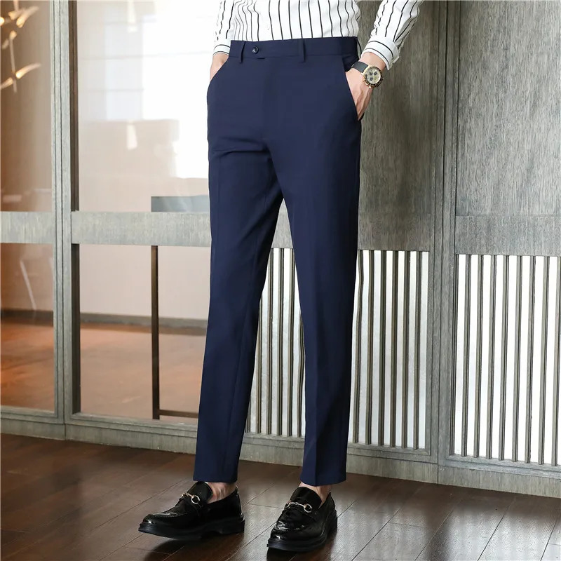 Men Noniron fabric Slim Straight Black Casual Suit Pants Male Business pants Blue Grey Thin Formal Trousers 240806
