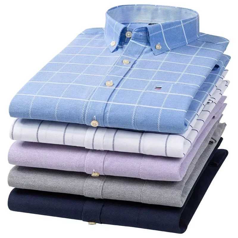 Oxford Men Fashion 100% Cotton Thin Long Sleeve Casual Slim Solid Color Plaid Print Stripe Formal Dress Shirt Plus 7XL 6XLM240807