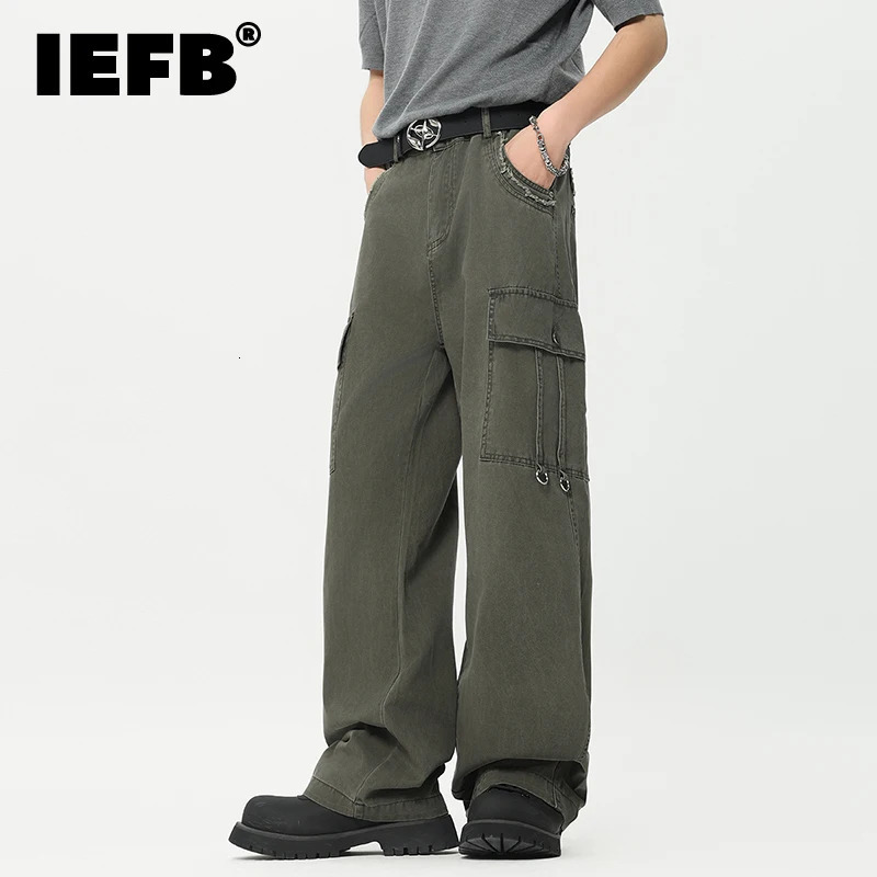 IEFB American Style Mens Overalls Washed Rough Edge Design Vintage Trendy Male Cargo Pants Straight Multipocket 9C6623 240806