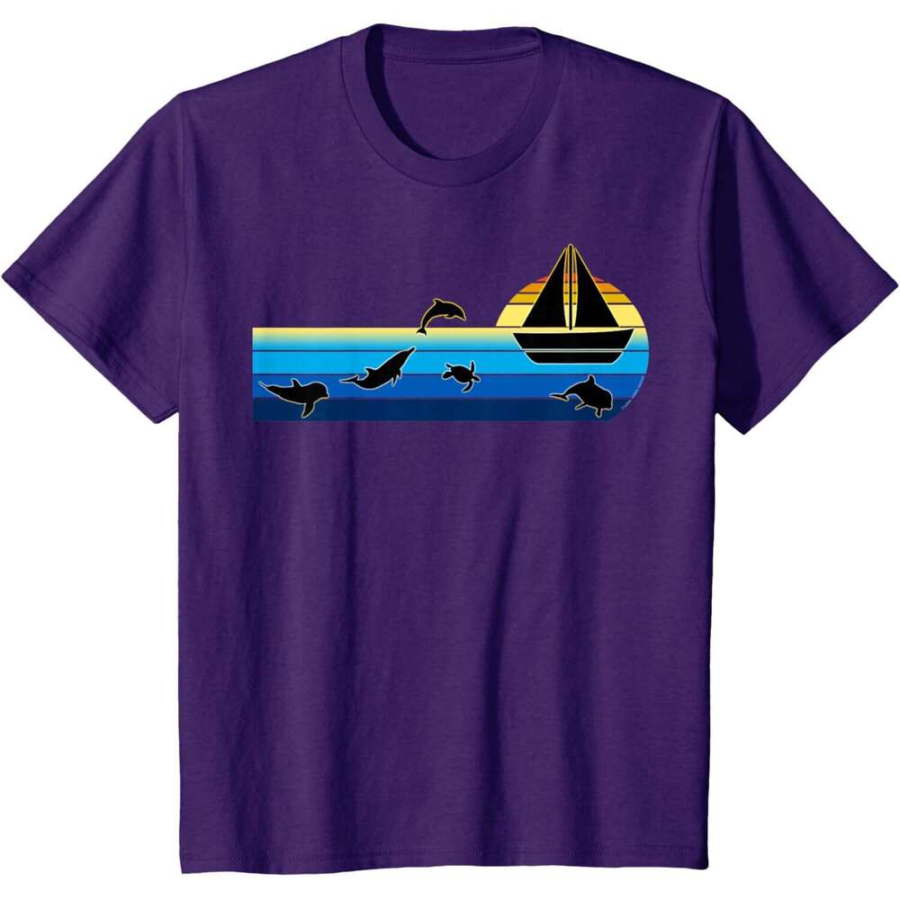 Mens T shirt Nautical Sunrise Sailboat with Dolphins Beach Summer Sailing T-Shirt shirts tshirt graphic tee Casual tops summer clothes Short sleeve Fr