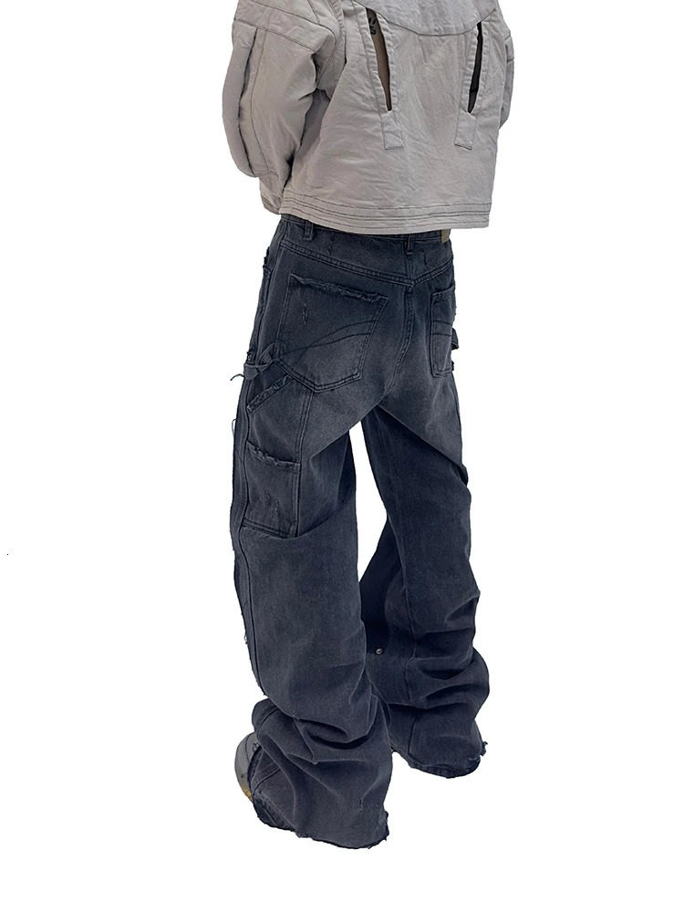 Techwear Style Niche Design Washed Distressed Rivet Destroyed Tassel Womens Lightly Flared Overalls Pocket Jeans Men Pants 240806