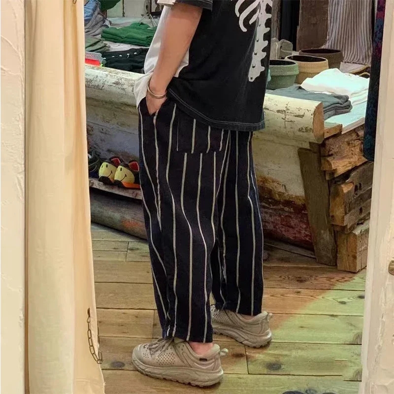 KAPITAL Japanese Style Twocolor Cotton Linen Stripe Breathable Casual Mens and Womens Loose Pants Washed Army Green Trousers 240806