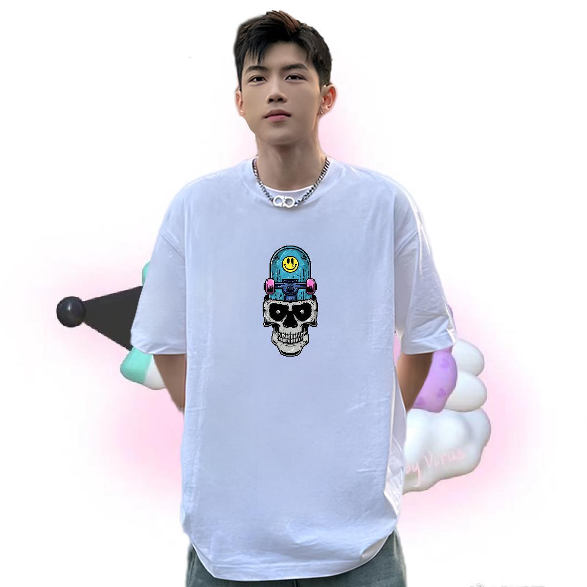 Wholesale Mens T Shirts skull Tops Tees 230g Pure Cotton Home Outdoor Loose Fit Skull Breathable Short Sleeve Couples T Shirts