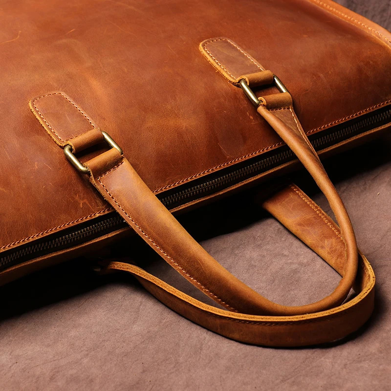 Vintage Leather Handbag Mens Executive Briefcase Original Cowhide Business Shoulder Dee Laptop Computer Bag