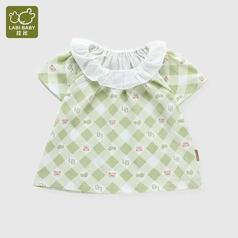 Girls summer top short sleeved green childrens T-shirt girls sweet plain bear print top 1-6 years old childrens cotton dressW240718