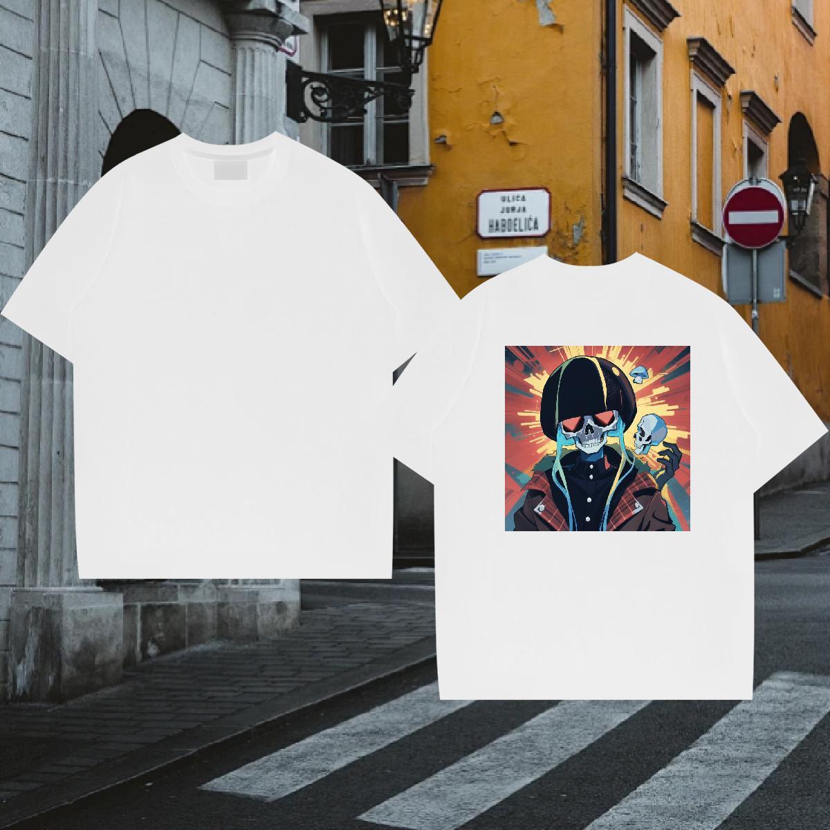 2024 DIY Mens T Shirts skull Clothes 230g Pure Cotton High Street Hip Hop Loose Fit Cartoon Print Breathable Mens Tshirts