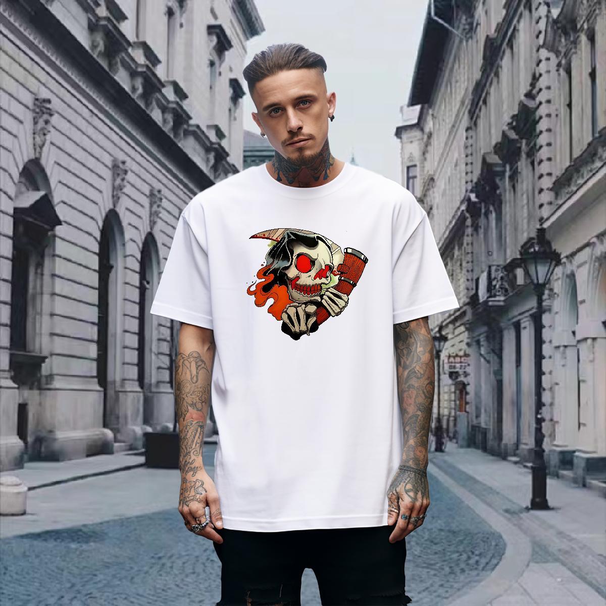 Factory Direct Men T Shirts skull Clothes 230g Pure Cotton Casual Loose Fit DIY Printed Breathable Short Sleeve Men Tops Tees