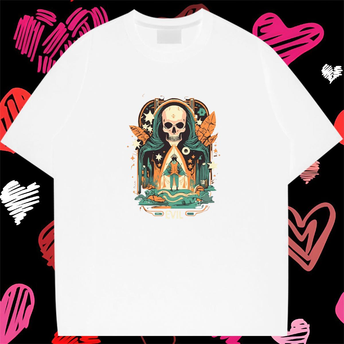 Casual New T Shirt For Man skull Polos 230g 100% Cotton Daily Outfit Loose Black White Breathable Short Sleeve Tshirts