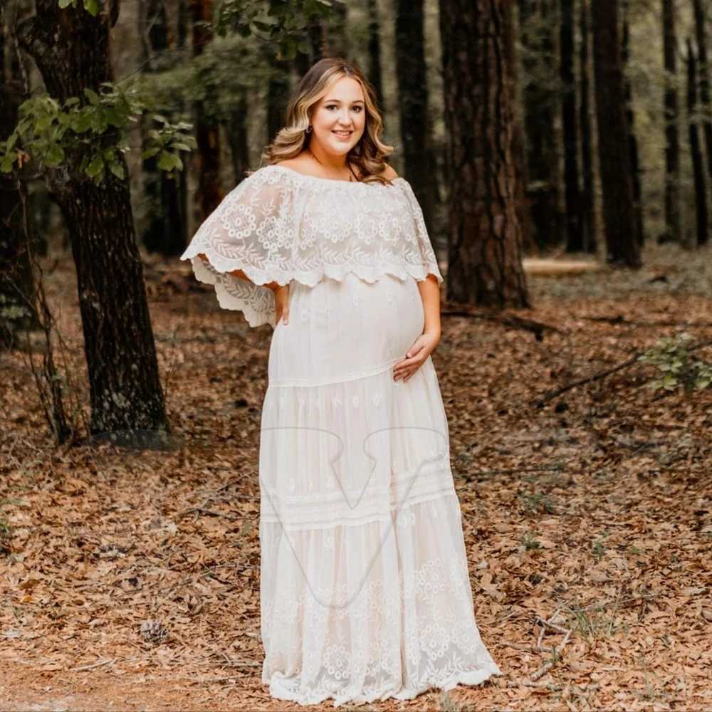 Pregnancy Dress For Baby Showers Ruffled Off Shoulder Lace Embroidered Bohemian Maxi Dress Maternity Photography GownY240806