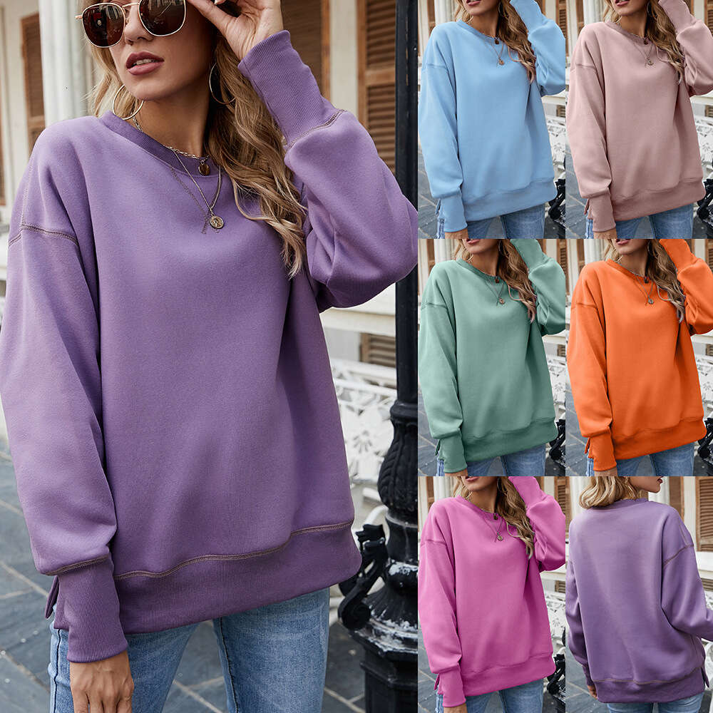 2024 winter new women's clothing hem split round neck pullover with thickened fleece hoodie for women