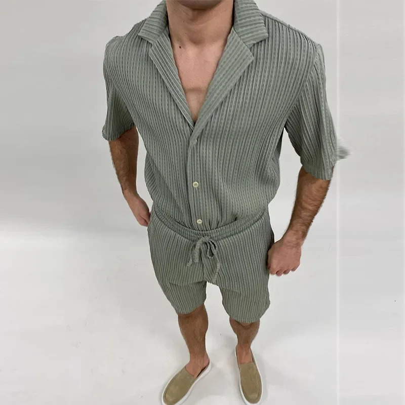 Men Sets Summer Casual Short-sleeved Shirt Shorts Fashion Striped Suit Male Two-piece Set Tracksuit Ropa Para Hombre 240816