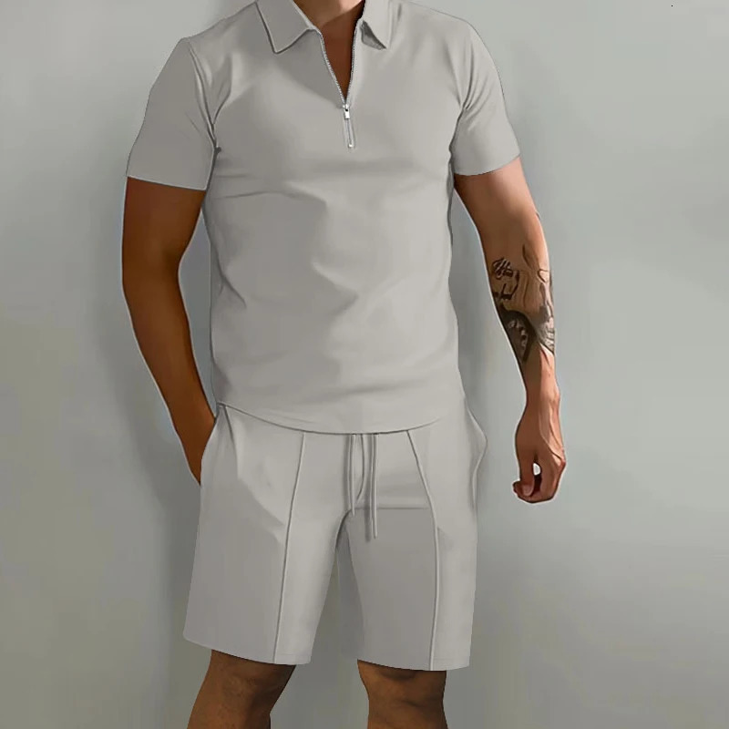 Summer Solid Color Mens Sets High Street POLO Collar Short Sleeve Zip Fastener Pullovers Elastic Waist Pockets Y2K Shorts 240806