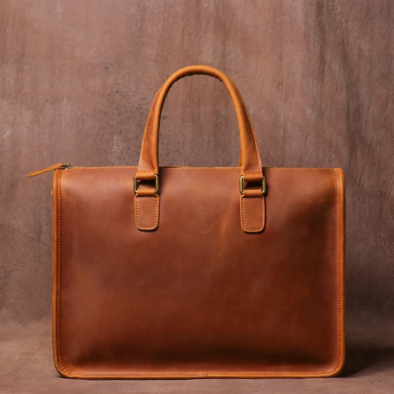 Vintage Leather Handbag Mens Executive Briefcase Original Cowhide Business Shoulder Dee Laptop Computer Bag