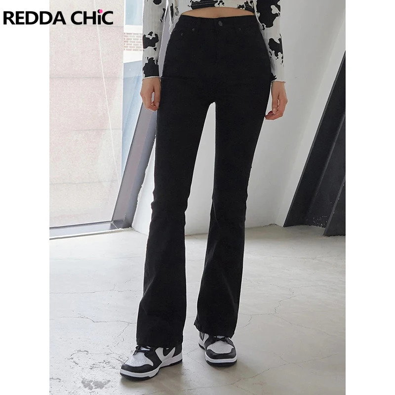ReddaChic Women Basic Solid Black Flare Jeans with Slit Y2k Trousers Stretchy Slim Fit Denim Casual Bootcut Pants Bell Bottoms 240807