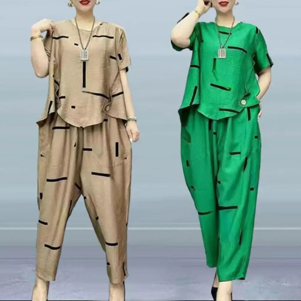 Wide Leg Harem Pants Outfit Casual O-Neck Short Sleeve Irregular Hem Pockets Top Pants Set Mid-aged Women Printing Streetwear 240807