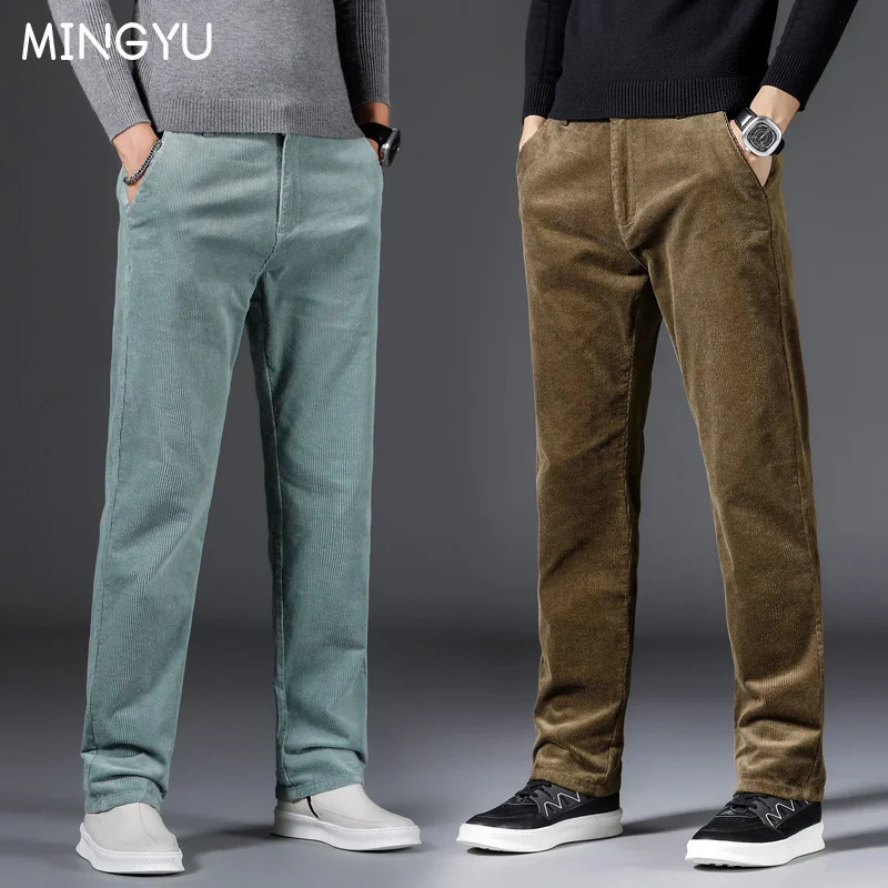 Autumn Winter Elastic Fashion Thick Corduroy Pants Men Business Loose Straight Midlife Jogger Trousers Male Plus size40 42 240806