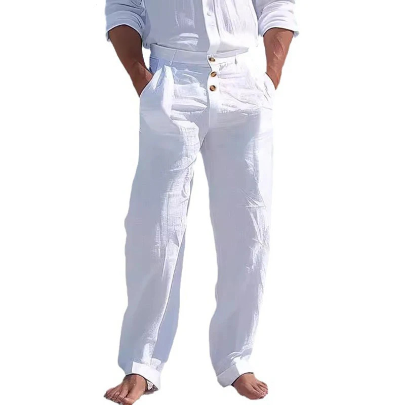 Autumn Vintage Buttonup Cotton Linen Pants Men Solid Color Loose Straight For Mens Seaside Beach Style Casual Male 240806