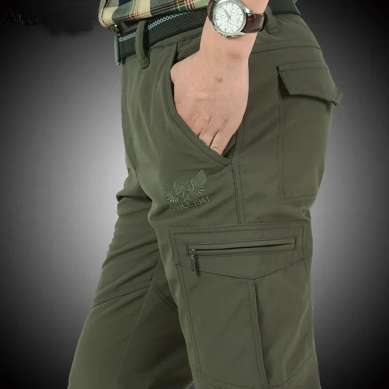 Mens Fleece Tactical Pants Winter Warm Cargo Pant Casual Soft Shell Working Trousers Thick Waterproof Plus Size 4XL 240806