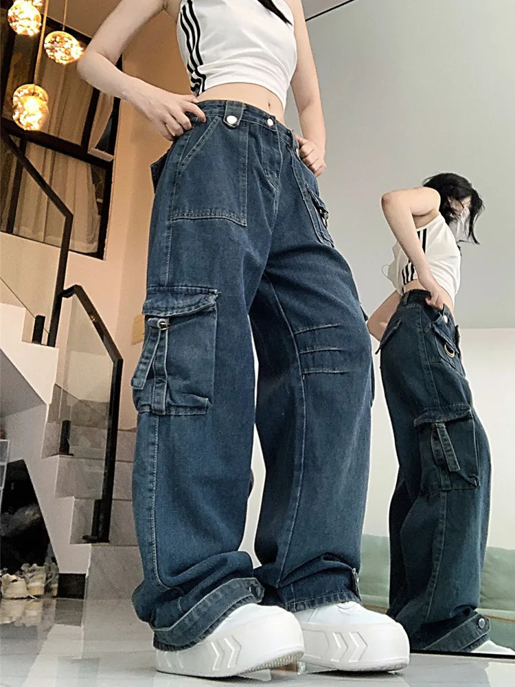 Roupa Y2K Streetwear Vintage Blue Multi Pockets Pleated Baggy Jeans Pants For Women Gothic Clothes Rock Lady Trousers 240807