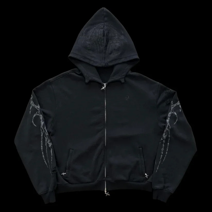 Y2K Zip Up Hoodie Gothic Hip Hop Letter Graphic Print Oversized Pullover Sweatshirt Men Women Harajuku Hoodies streetwear 240806