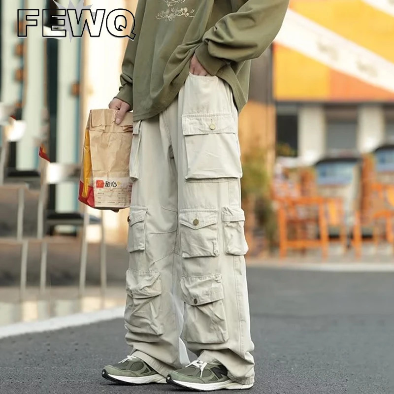 Fewq Y2k Mens Cargo Pants Multi Pocket Hip Hop Top Street Hunting Style Trouser Summer 24A562 w240824