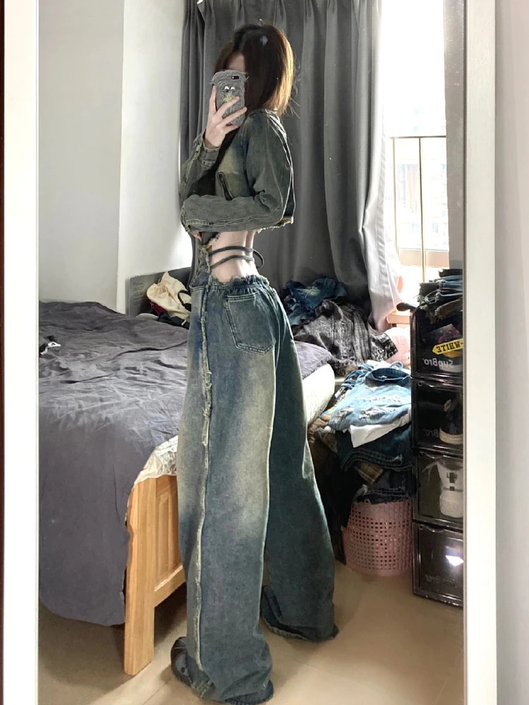Woman Loose Jeans Casual Denim Low Waist Pants Solid Color Pockets Patchwork Casual Classical Streetwear Romantic All-match 240807
